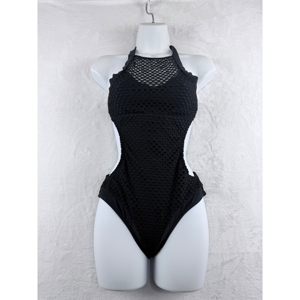 Becca‎ One Piece Swimsuit Black Mesh Cutout Halter Small